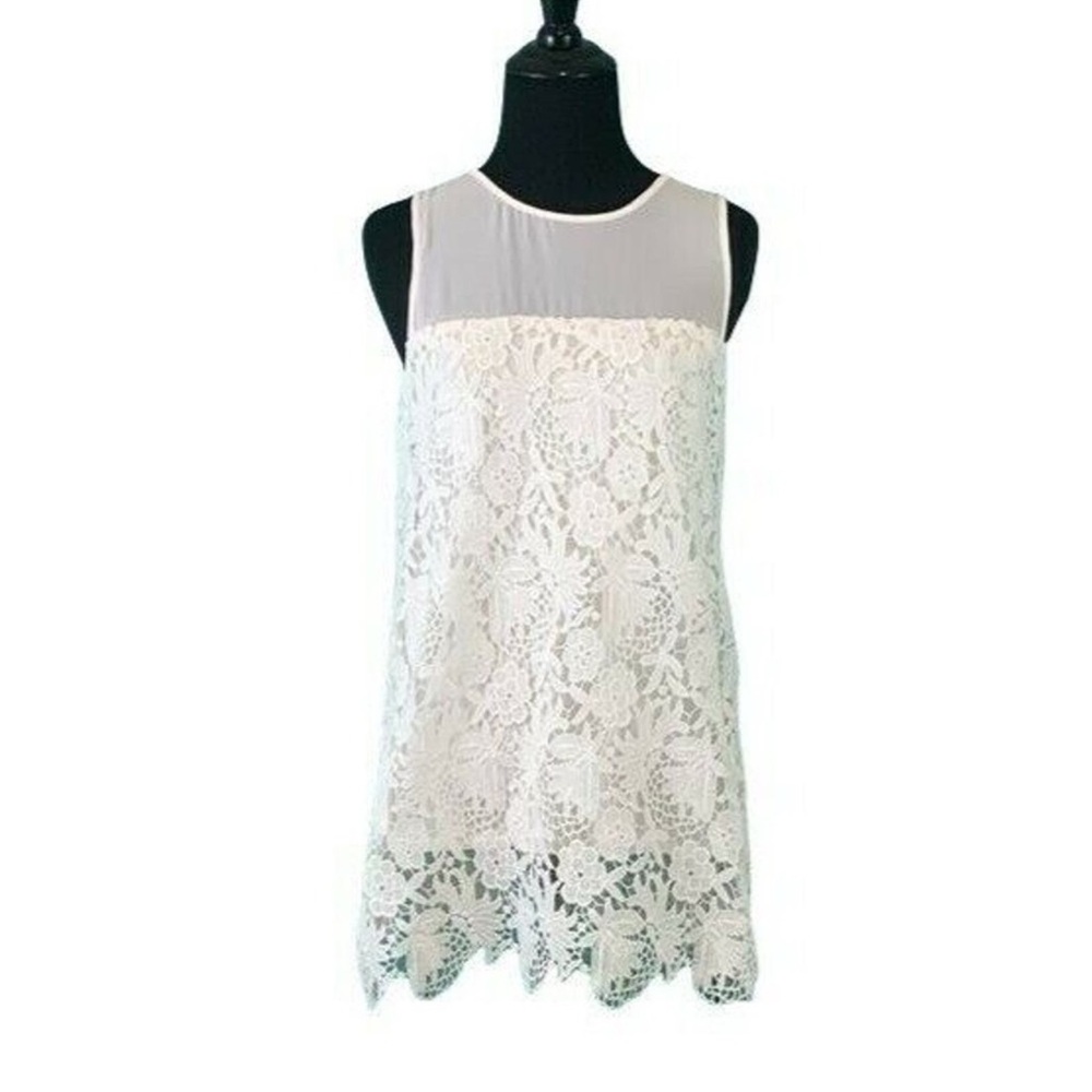 Cremieux White Floral Lace Lined Sleeveless Longer Length Top Blouse Size L